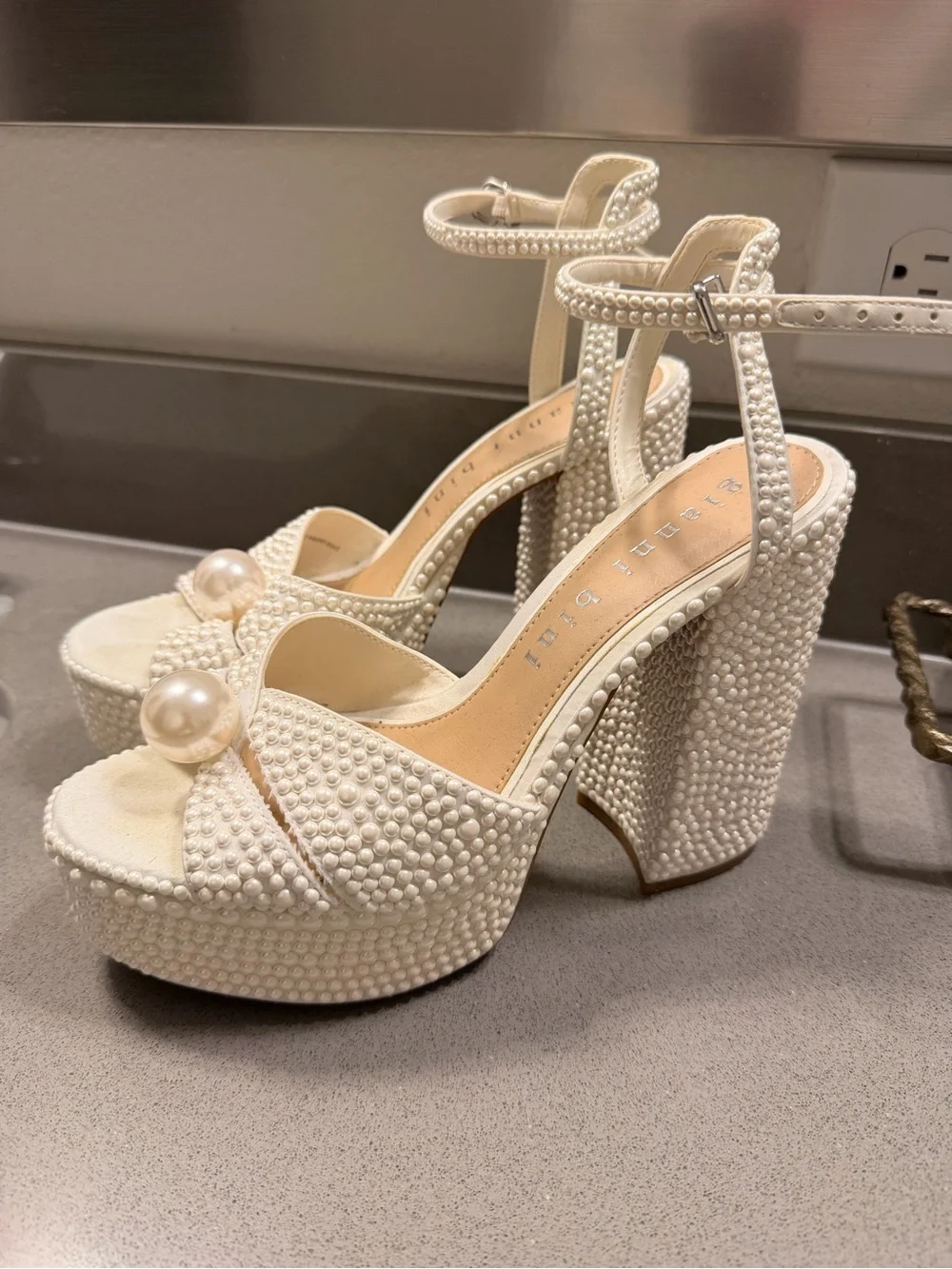 Gianni Bini Ivory Pearl-Embellished Platform Sandals